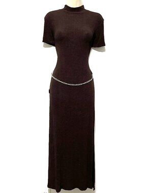 Helene Blake Womens VTG Crinkle Maxi Dress M Mock Neck Chocolate Brown Y2K 90s